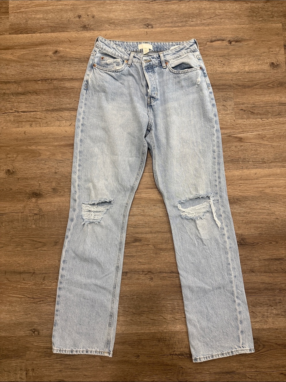 H&M Light Blue Distressed Straight Leg Jeans